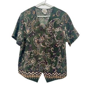 TR Bentley Plus Womens Size 18 Green Paisley Short Sleeve Blouse Vintage Retro